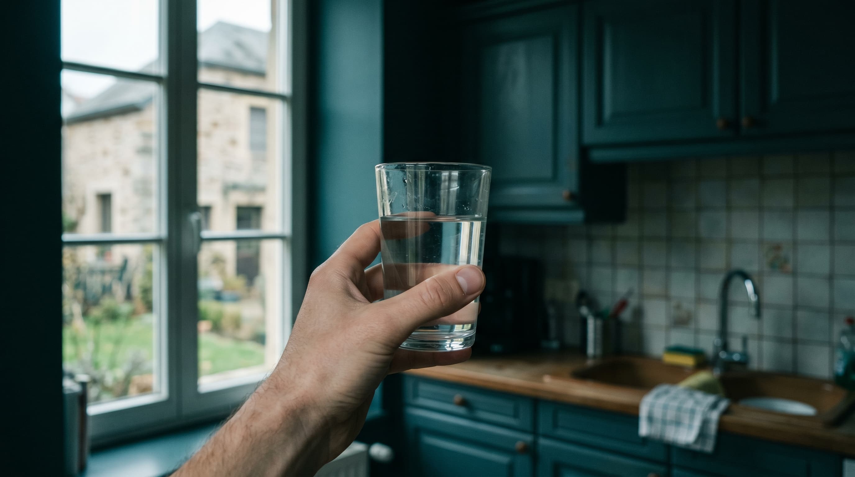 Verre d'eau rempli au robinet dans une cuisine luxembourgeoise