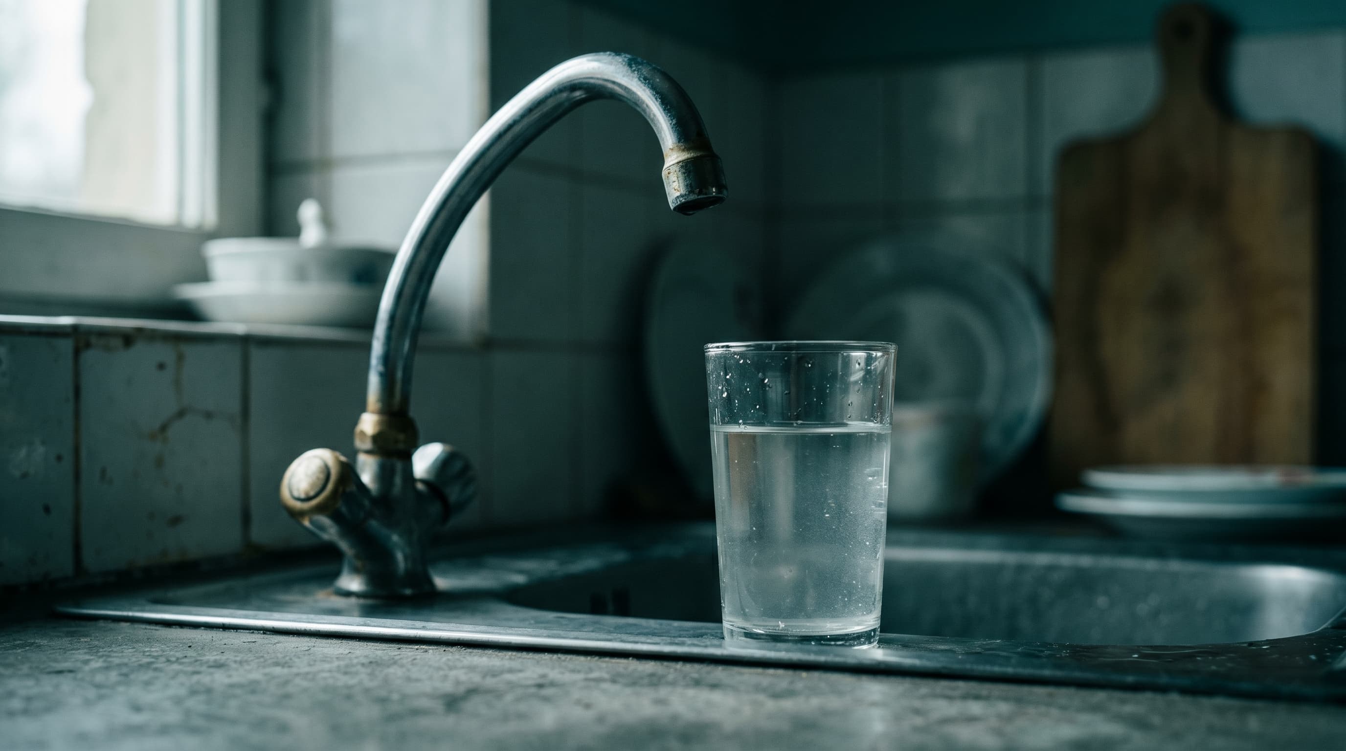 Verre d'eau du robinet rempli dans une cuisine équipée d'un adoucisseur
