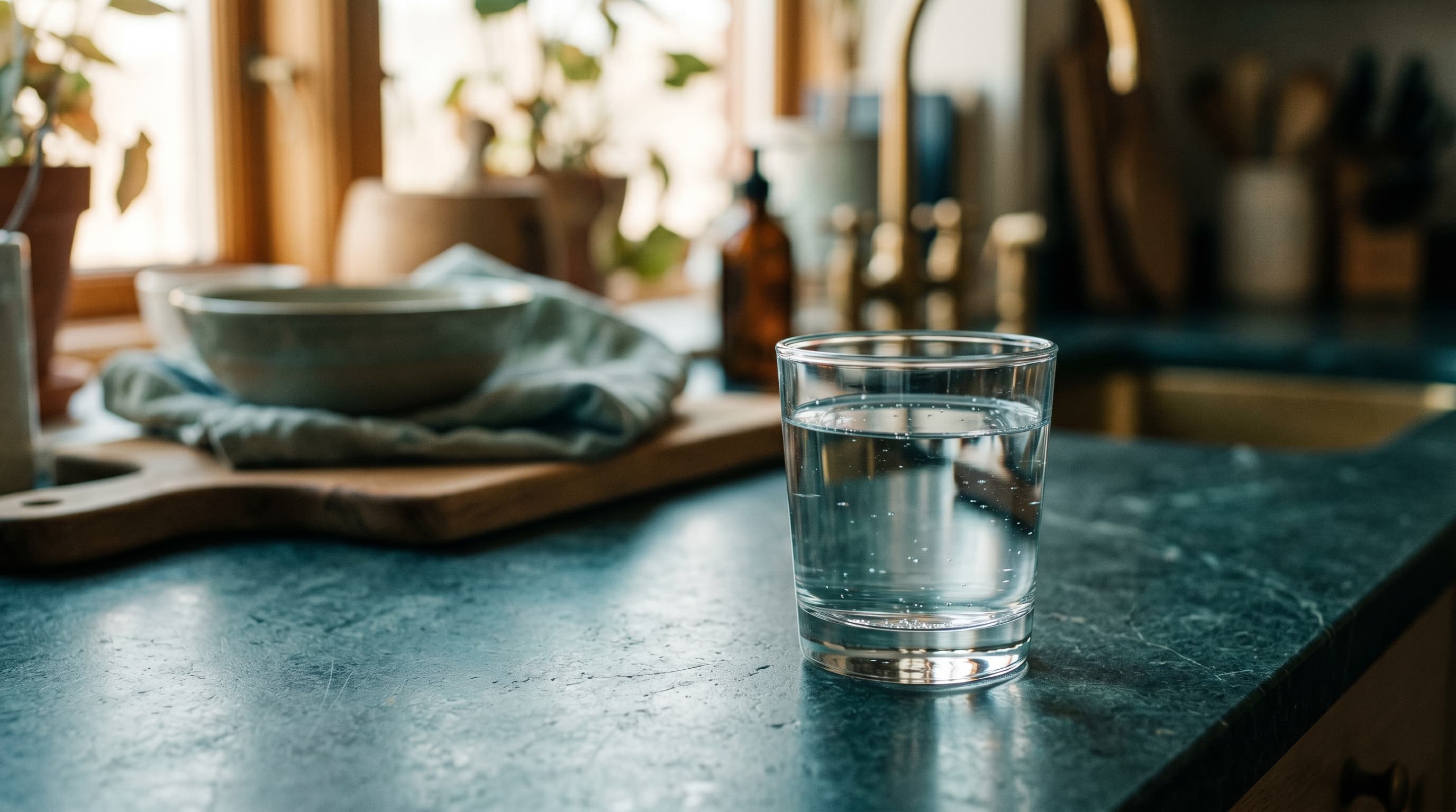 Glass of tap water on a worktop with limescale deposit