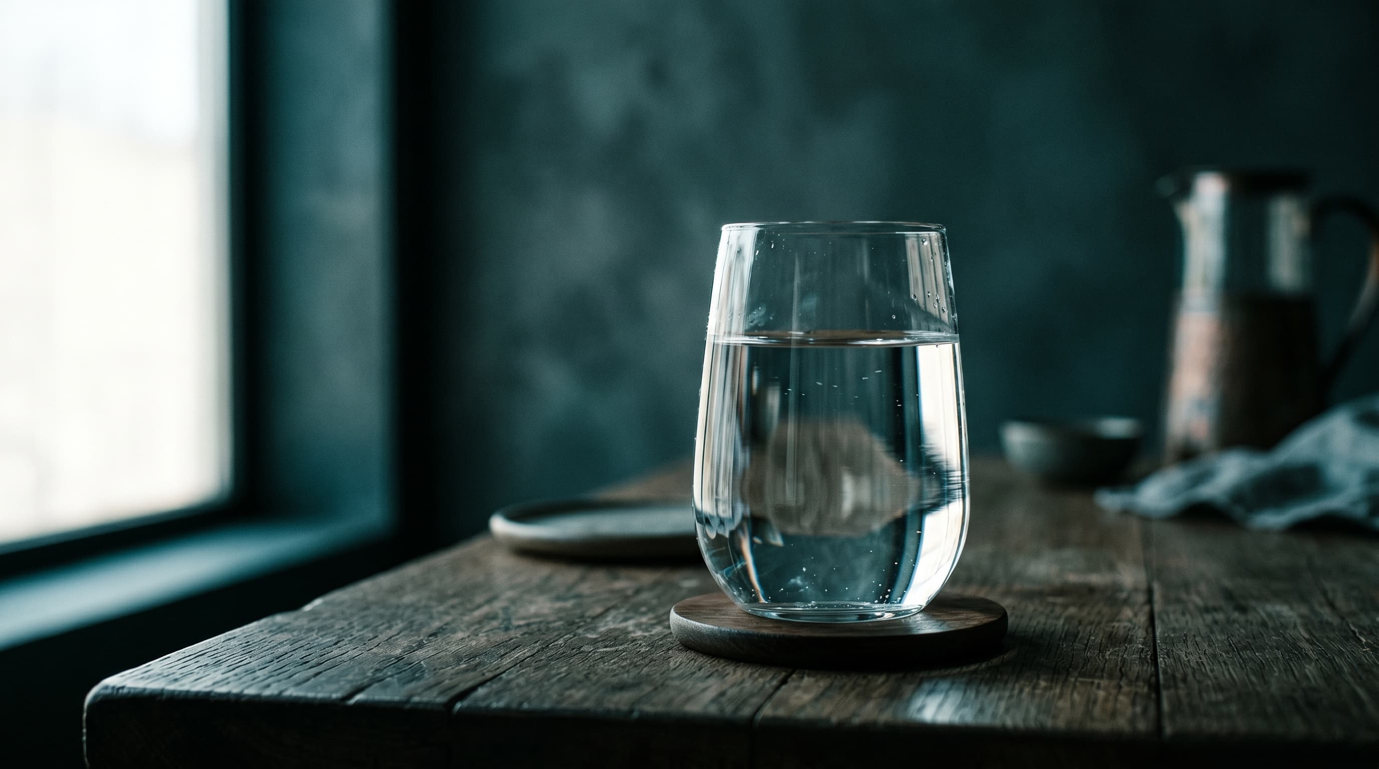 Verre d'eau osmosée parfaitement limpide rempli au robinet d'un osmoseur
