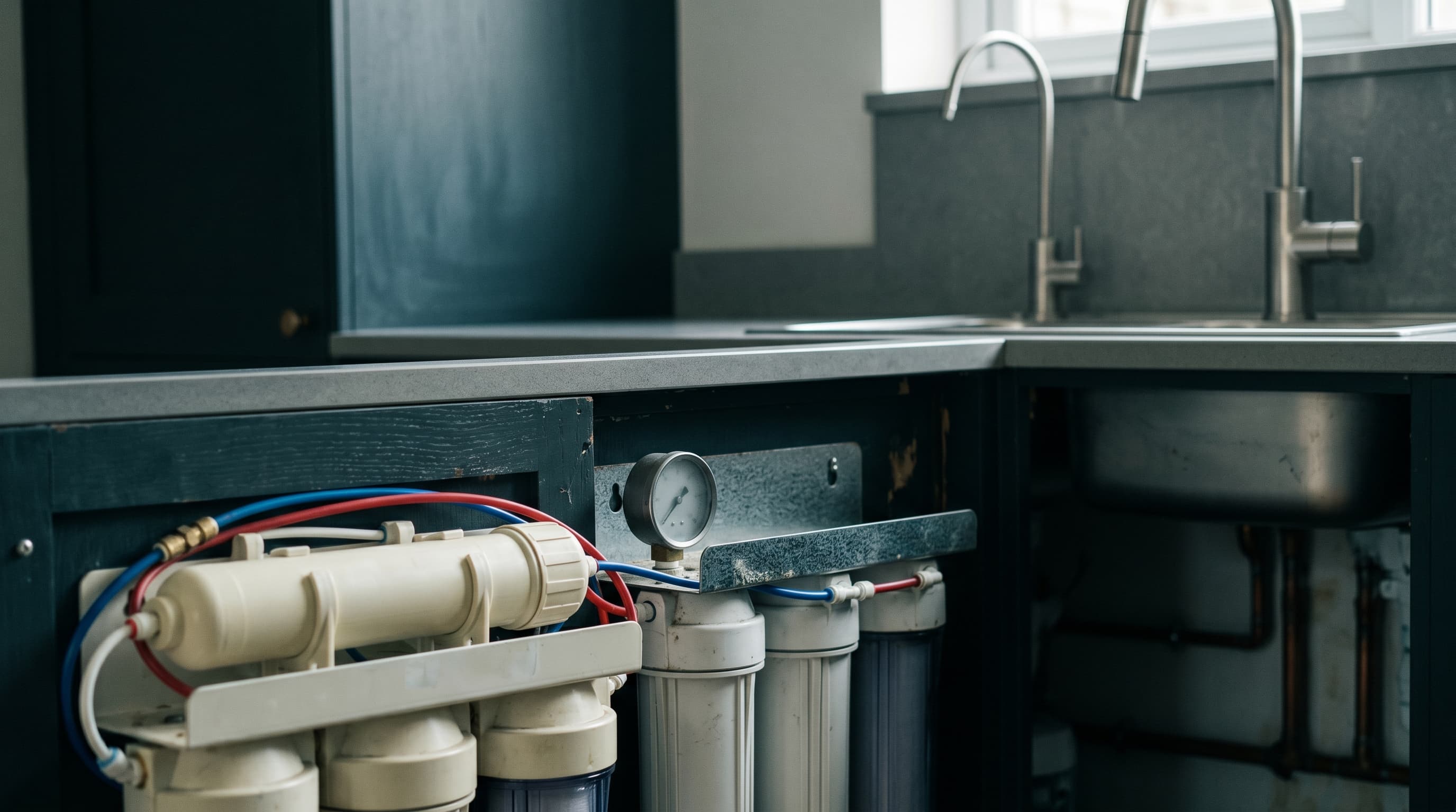 Osmoseur sous évier de cuisine avec son robinet dédié à l'eau purifiée