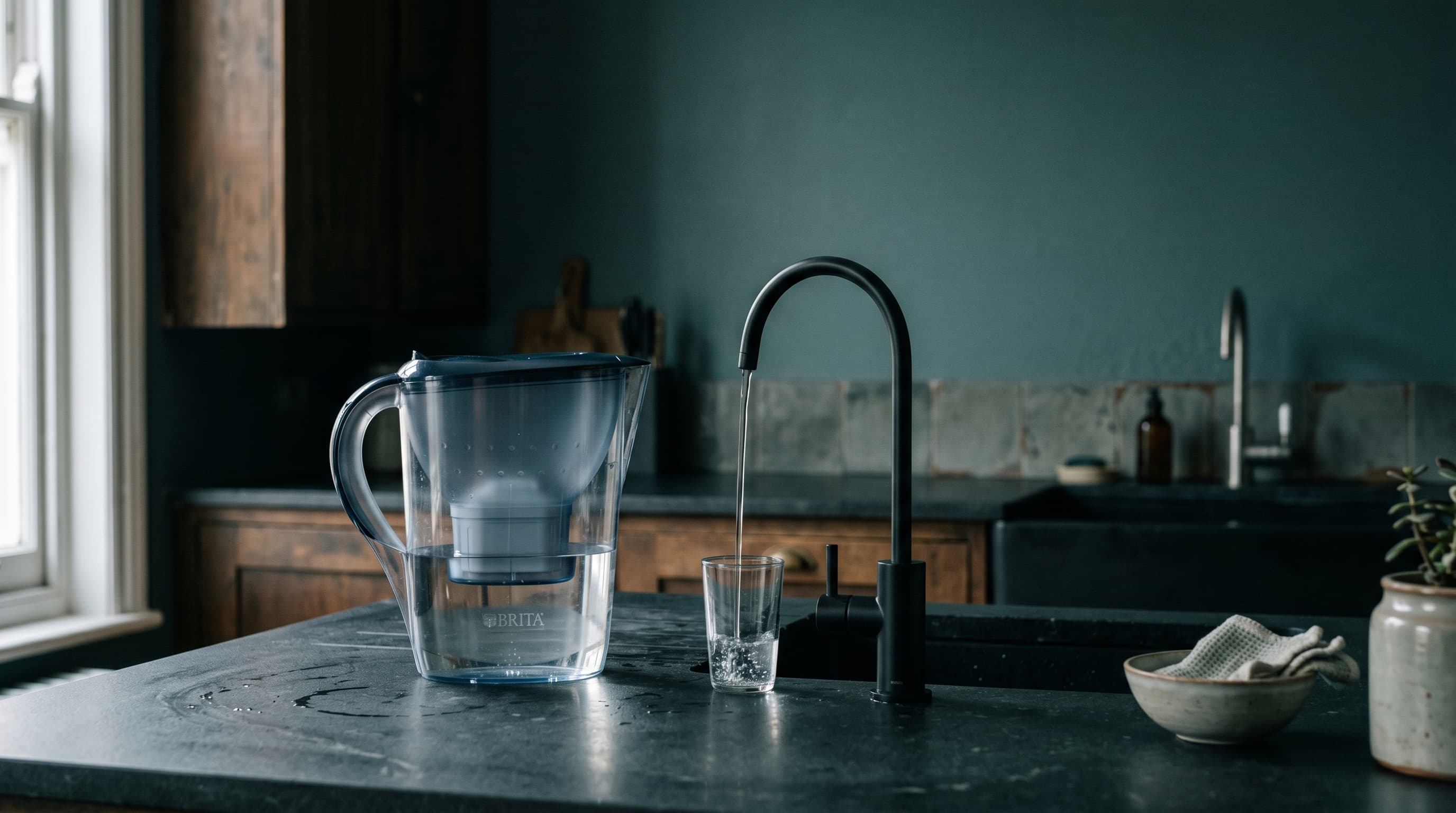 Carafe filtrante à charbon et osmoseur sous évier comparés côte à côte