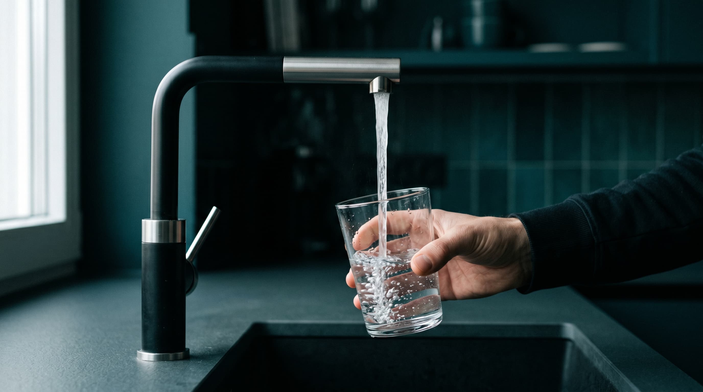 Verre d'eau pure en train d'être rempli au robinet d'une cuisine