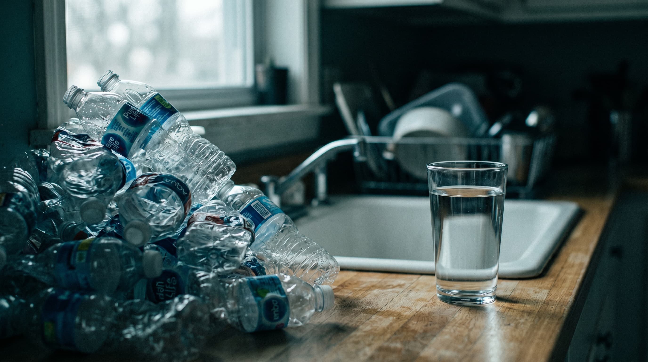 Verre d'eau du robinet filtrée par osmoseur face à des bouteilles d'eau minérale en plastique