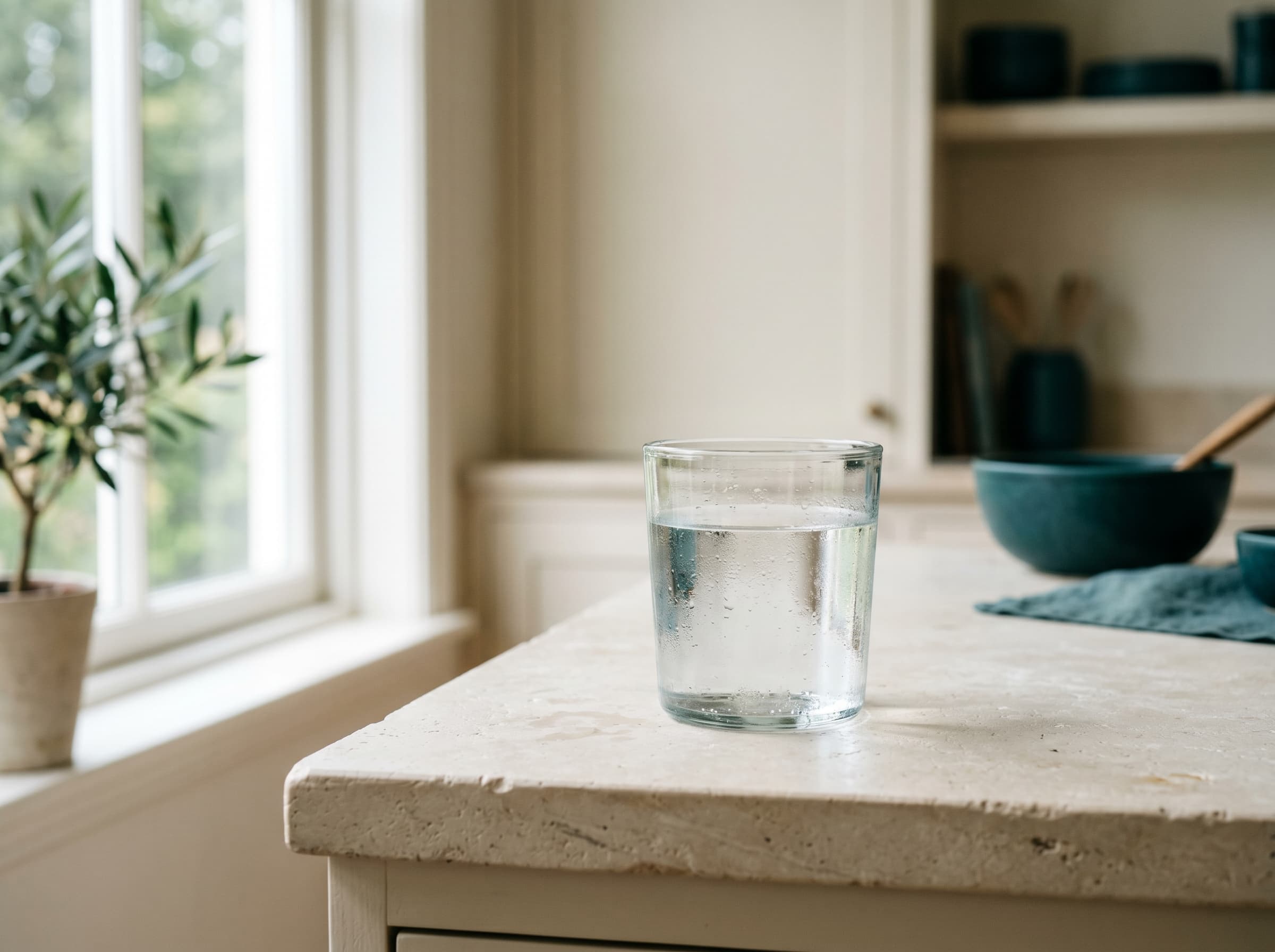 Verre d'eau du robinet sur un plan de travail